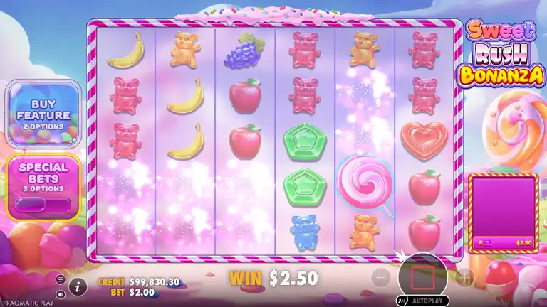 Sweet Rush Bonanza spin 425 mid-session, balance $99,832.80 at $2.00 bet
