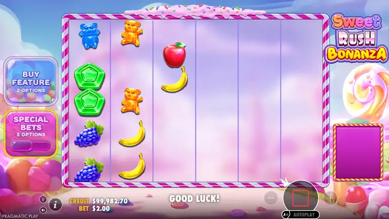 Sweet Rush Bonanza spin 823, balance $99,980.70 after Bonus 1 win, at $2.00 bet