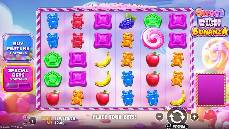 Sweet Rush Bonanza session final spin 1629, balance $99,988.10 at $2.00 bet