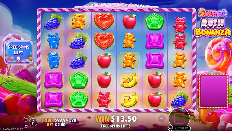 Sweet Rush Bonanza FREE SPINS triggered on spin 946 - scatter lollipops visible on 6x5 grid, 10 spins awarded