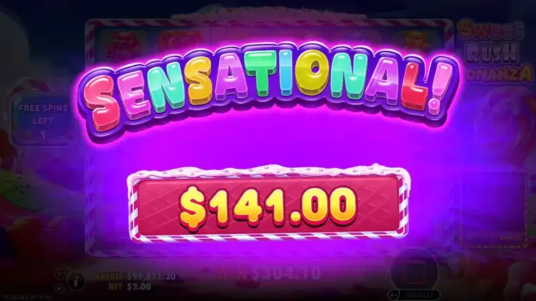 Sweet Rush Bonanza FREE SPINS result - total win $300.10 shown on screen, 150.05x the bet