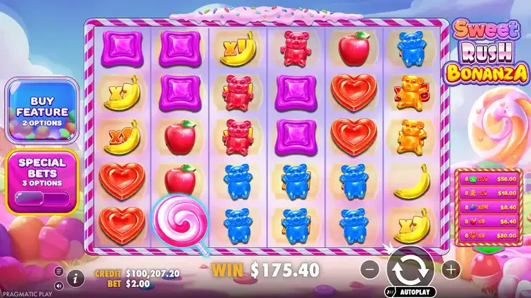Sweet Rush Bonanza session peak - CREDIT $100,207.20 with spin win $175.40 on screen, spin 1109, at $2.00 bet